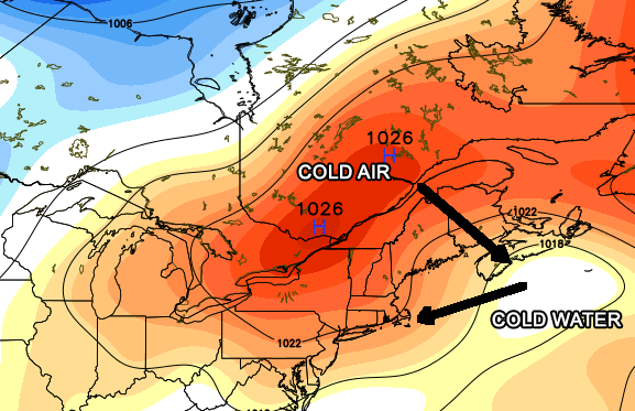 GFS model shows cold high pressure system in southeast Canada Tuesday (WeatherBell.com)